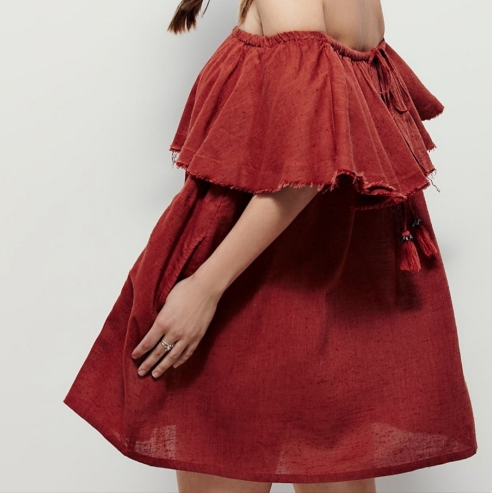 Wishlist Deep Red Boho Off The Shoulder Frayed Hem Swing Mini Dress S/M. - Picture 2 of 15